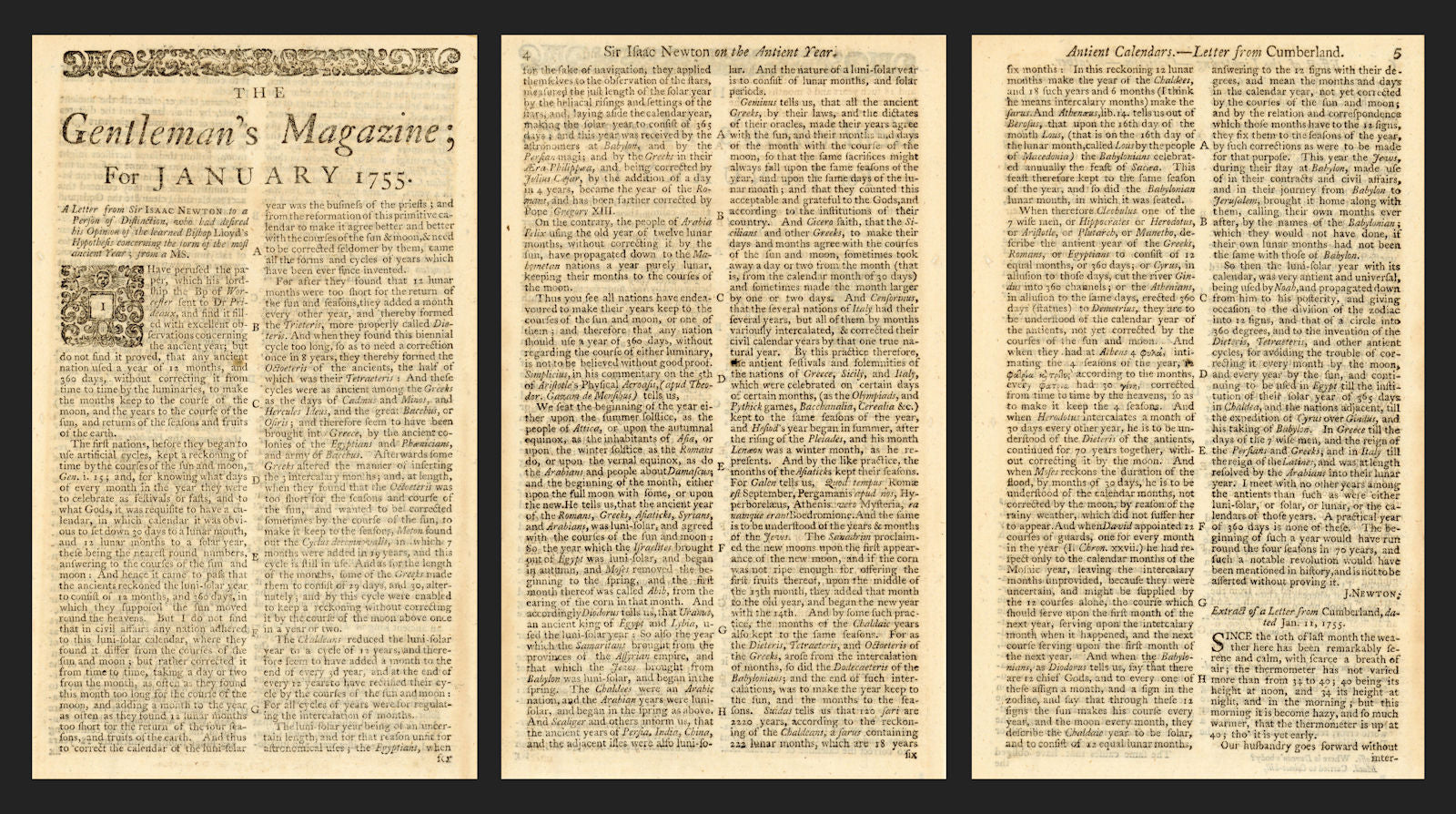 Isaac Newton letter on the ancient calendar, in the Gentleman's Magazine 1755